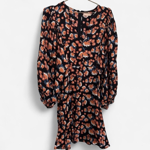 byTiMo Poppyfield Black Orange Micro Floral Mini Puff Sleeve V neck Dress small - Picture 3 of 7